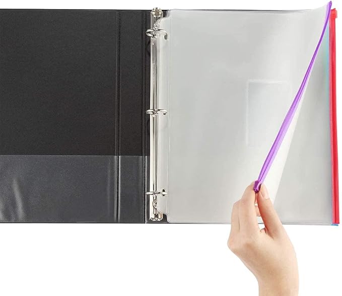 YoeeJob 8 Packs 3-Hole Clear Zipper Binder Pockets, Binder Insert Pages with Card Slots Suitable for School or Office to Organize Document, Assorted Color Zippers