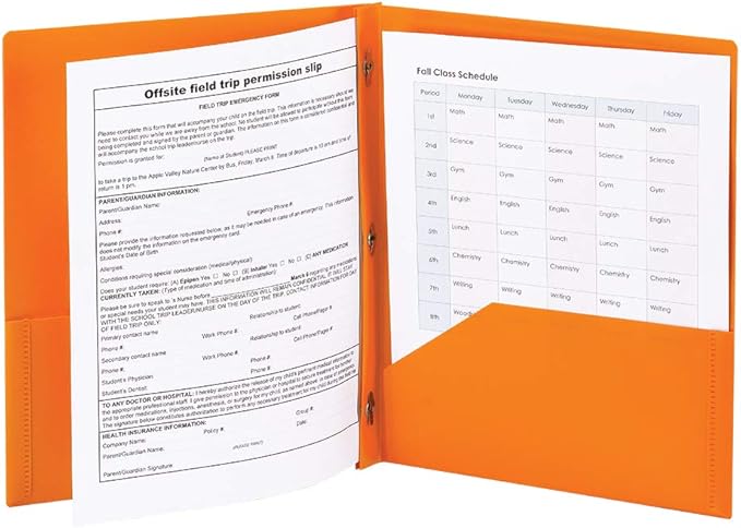 Smead Poly Two-Pocket Folder, Three-Hole Punch Prong Fasteners, Letter Size, Orange, 3 per Pack (87735)