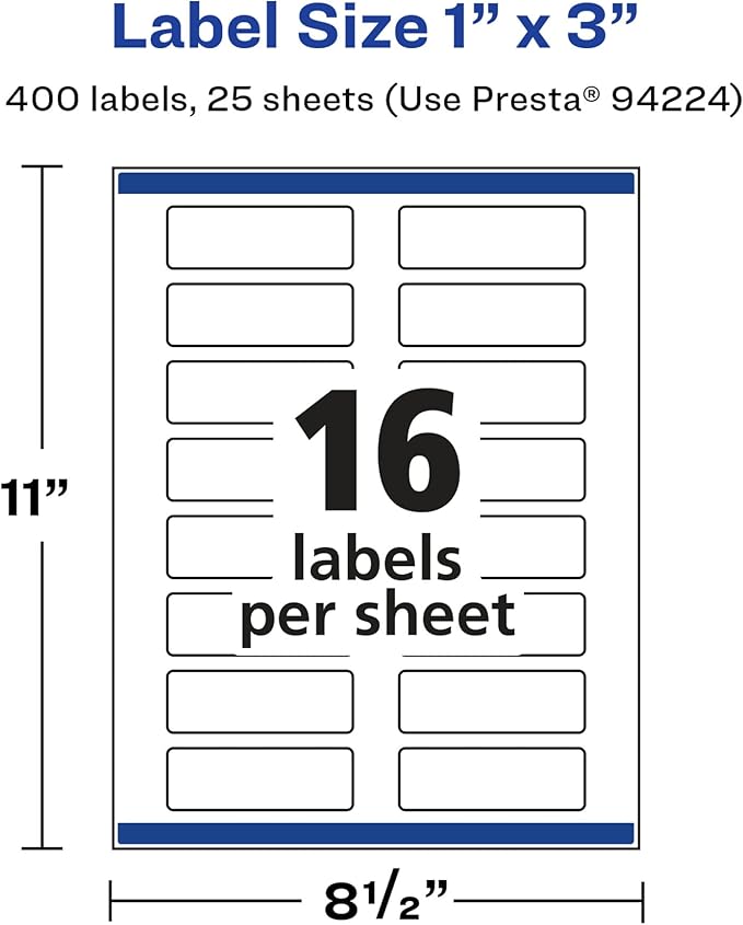 Avery Glossy White Rectangle Labels, Sure Feed Technology, 1" x 3", 400 Glossy White Labels, Print-to-The-Edge, Permanent Adhesive, Laser/Inkjet Printable