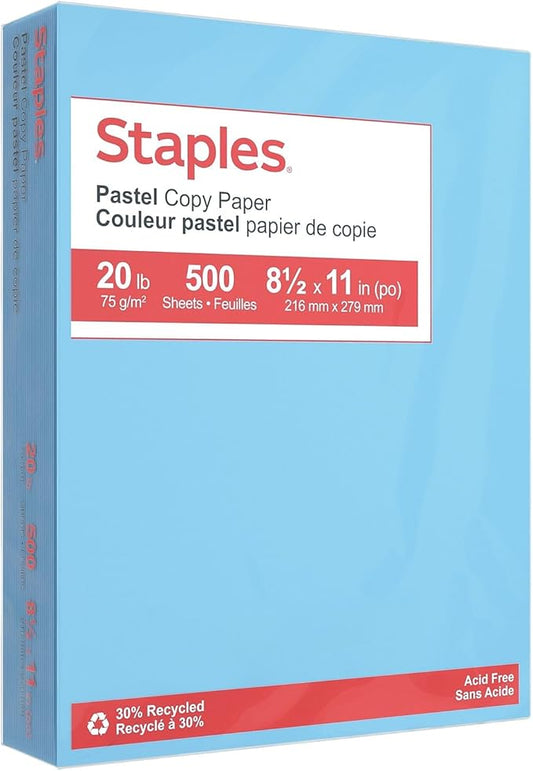Staples 30% Recycled, 8.5 x 11 Inch, 20 lbs, 500-Sheets Pack, Blue, For Office, School & Home