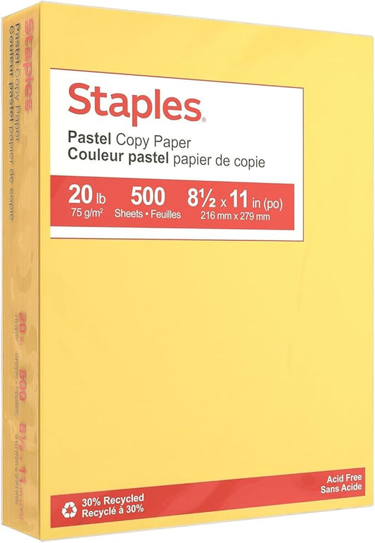 Staples 30% Recycled, 8.5 x 11 Inch, 20 lbs, 500-Sheets Pack, Canary, For Office, School & Home
