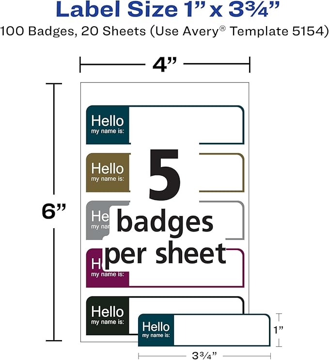 Avery Flexible Printable Name Tags, 1" x 3.75", Assorted Colors, 100 Removable Name Badges (05154)