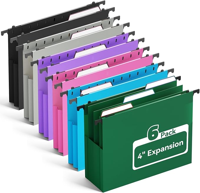 Ansook Extra Capacity Hanging File Folders Letter Size,6 Pack Plastic File Cabinet Folders with Tabs,Heavy Duty 4" Expandable Hang Folder with Movable Dividers,Hanging Folder Organizer for File Frame