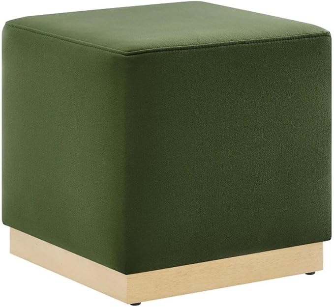 Modway Tilden 17 Inch Square Performance Velvet Upholstered Ottoman in Moss Green Natural - Small Ottoman Foot Rest with Rubberwood Plinth Base - Living Room Ottoman Side Table,