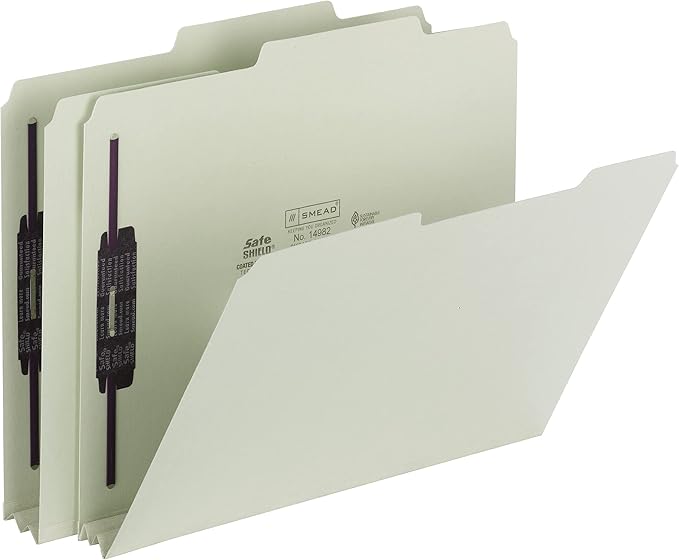 Smead Pressboard Fastener File Folder with SafeSHIELD Fasteners, 2 Fasteners, 2/5-Cut Tab Right of Center Position, 2" Expansion, Guide Height, Letter Size, Gray/Green, 25 per Box (14982)