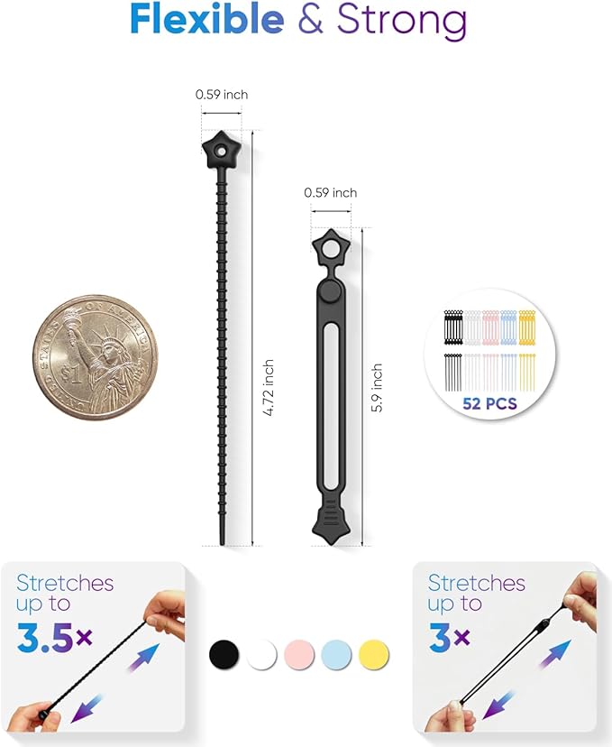 52 Pack Silicone Cable Ties, Reusable Star Design Cord Organizer Straps in 2 Styles, Durable & Stretchable Wire Management for Home, Office, Travel (White)