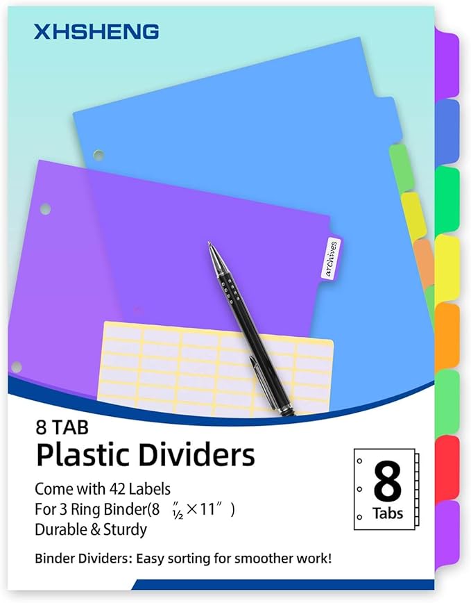 24PCS/3 Set 3-Ring Binder Dividers with Tabs,8 Tab Plastic File Dividers,Binder Separators with tabs for Office/School Supplies