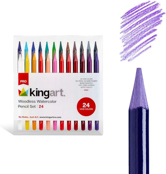 KINGART 315-24 Pro Artist Quality 24 Ct. Woodless Watercolor Pencil Set, 24 Soft Core, Pre-Sharpened Crayon Style Art Pencils, Use Wet or Dry, Professional to Beginner