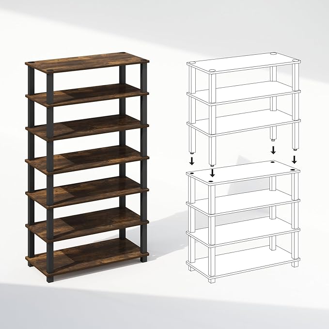 Furinno Turn-N-Tube Storage Shelves Set of 2, 4-Tier Stackable Standing Shelf, Open Corner Shelf, for Organization and Storage, Living Room, Garage, Home Office, Amber Pine