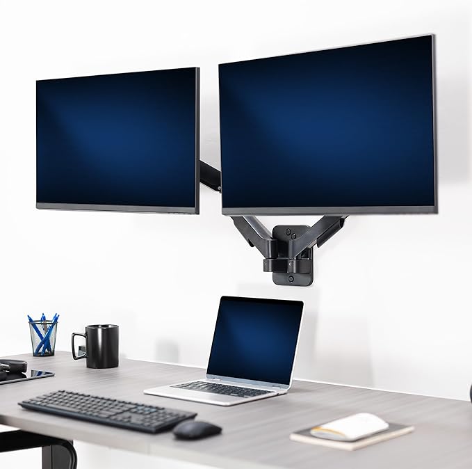 VIVO Height Adjustable Pneumatic Extended Arm Dual Monitor Wall Mount Full Motion Articulating, Fits 2 Screens 17 to 27 inches, Black, MOUNT-V002G