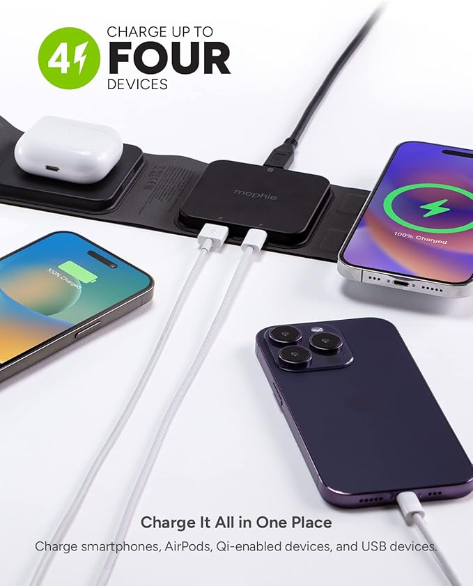 mophie Wireless 3 in 1 Travel Magnetic Wireless Charging Station, Multiple Devices, Compatible with Apple iPhones, Google, Samsung Devices, AirPods, BYO Watch Charger. (Watch Charger not Included)