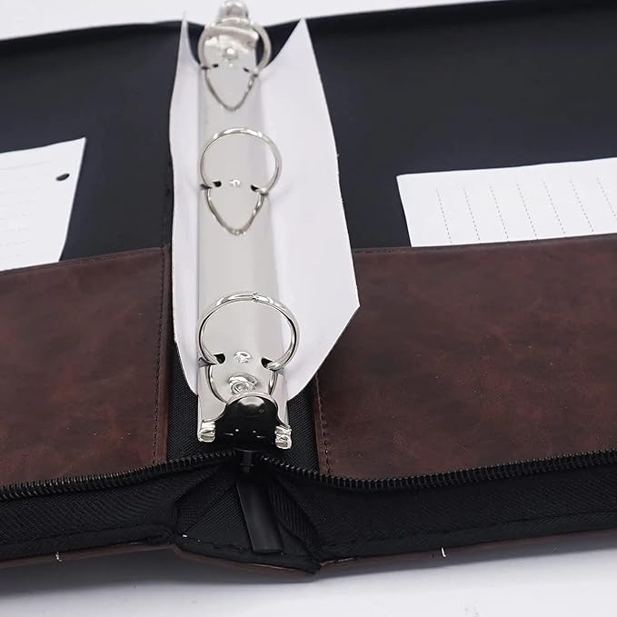 Performore Vintage Professional 3 Ring Zipper Binder Organizer, for 8.5" x 5.5" Paper, 1-Inch Round Rings, 2 Inner Pockets, Antique Brown Vegan Leather, Pen Included