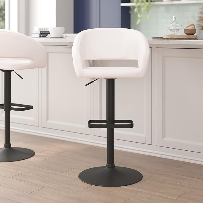 Flash Furniture Erik Comfortable & Stylish Contemporary Barstool with Rounded Mid-Back and Foot Rest, Adjustable Height - White Vinyl with Chrome Base