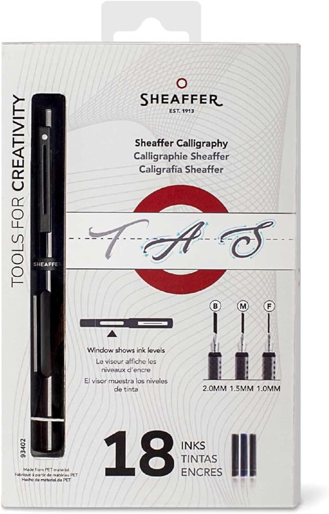 Sheaffer® Calligraphy Matte Black Fountain pen Minikit with Black cap and Matte Black Trim - Fine, Medium, Broad nibs & 18 Cartridges are included.