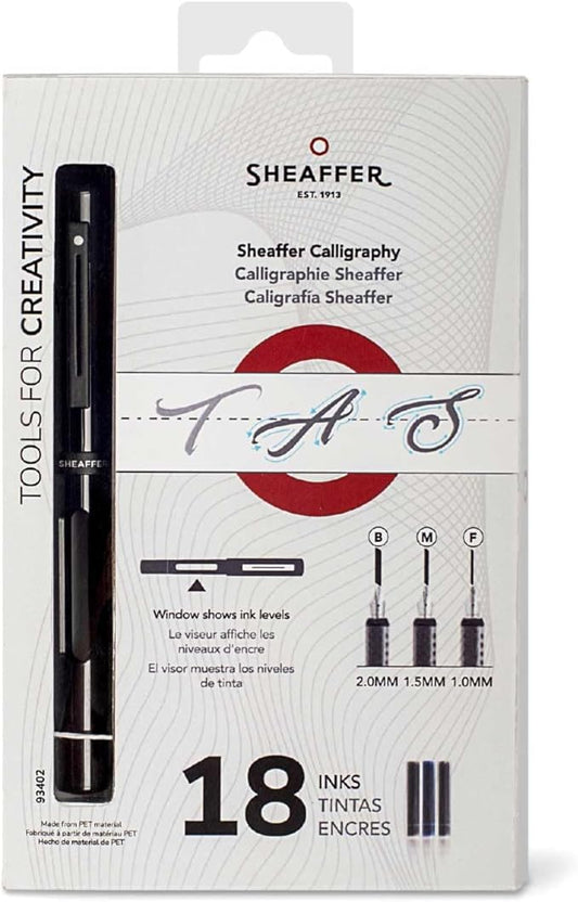 Sheaffer® Calligraphy Matte Black Fountain pen Minikit with Black cap and Matte Black Trim - Fine, Medium, Broad nibs & 18 Cartridges are included.