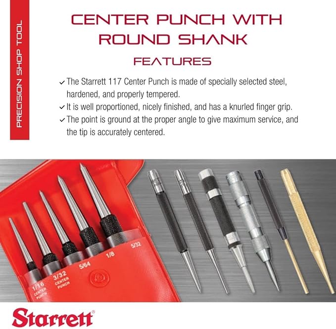 Starrett Steel Center Punch with Round Shank and Knurled Finger Grip - Hardened and Tempered Steel, 4" Length, 5/32" Diameter Tapered - 117D