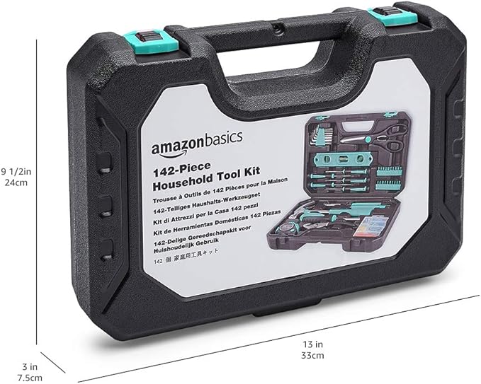 Amazon Basics 142-Piece Household Tool Kit for Home Repair,Hand Tools with Storage Case,13.39 x 9.25 x 2.95 inch,Turquoise,(Pack of 4)