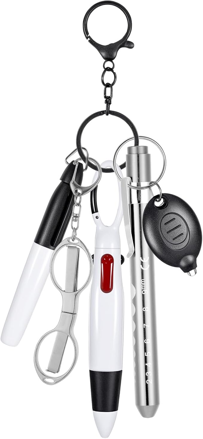 6 Pcs Nurse Pens for Badge Set,Nurse Badge Accessories with Reel Pen,Nursing Accessories Healthcare with Pens,Highlighter and Permanent Marker Pen and Led Keychain Foldable Scissors(Silver)