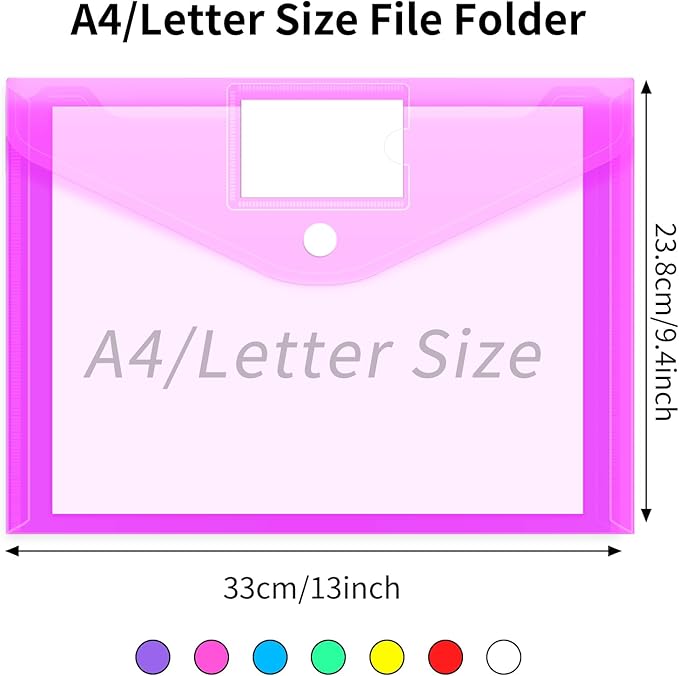 EOOUT 7pcs Plastic Envelopes Poly Envelopes, Clear Document File Folders with Hook & Loop Closure, A4 Size with Label Pocket for School Home Work Office Organization