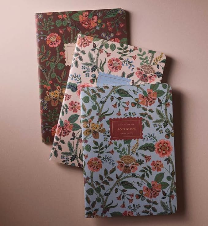 RIFLE PAPER CO. Gracie Stitched Notebook Set, 8.5" L x 6" W, Set Of 3, 64 Ruled Pages With Gold Ink, Full-Color Canvas Cover with White Text Paper Interior