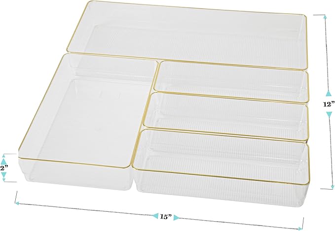 Martha Stewart Kerry Plastic Stackable Office Desk Drawer Organizers, Set of 5, with Gold Trim