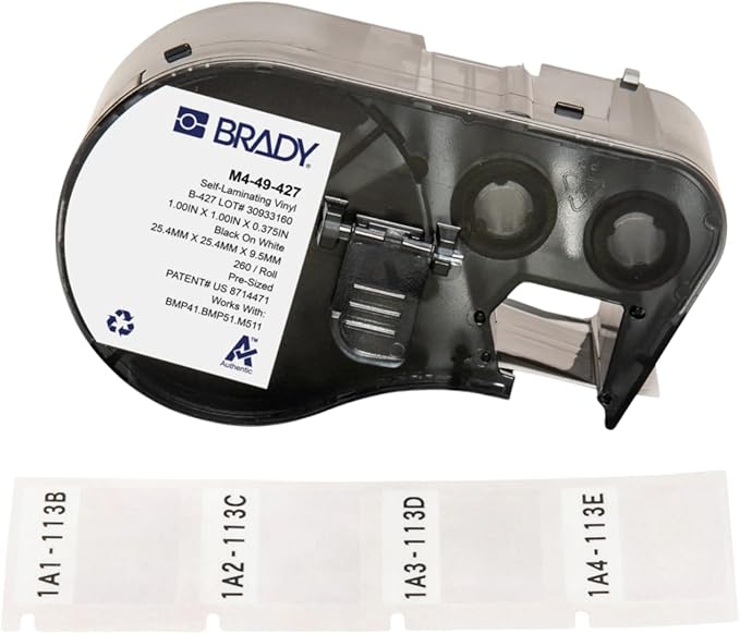 Brady Authentic (M4-49-427) Self-Laminating Vinyl Wrap Around Labels 1" H x 1" W Black on White, Clear, 260 Labels. for use with The BMP41, BMP51, and M511 Label Printers