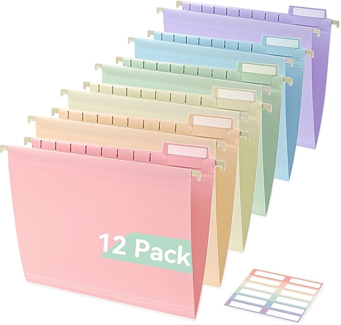 Plastic Hanging File Folders, Sturdy & Tear-Resistant, Letter Size, 12 Pack with Insertable 1/5-Cut Tabs, Pastel Colors