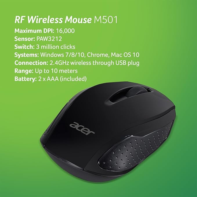 acer RF Wireless Mouse M501 (Black), Works with Chromebook, with USB Plug and Play for Right/Left Handed Users (for Chromebooks, Windows PC & Mac, (Pack of 1)