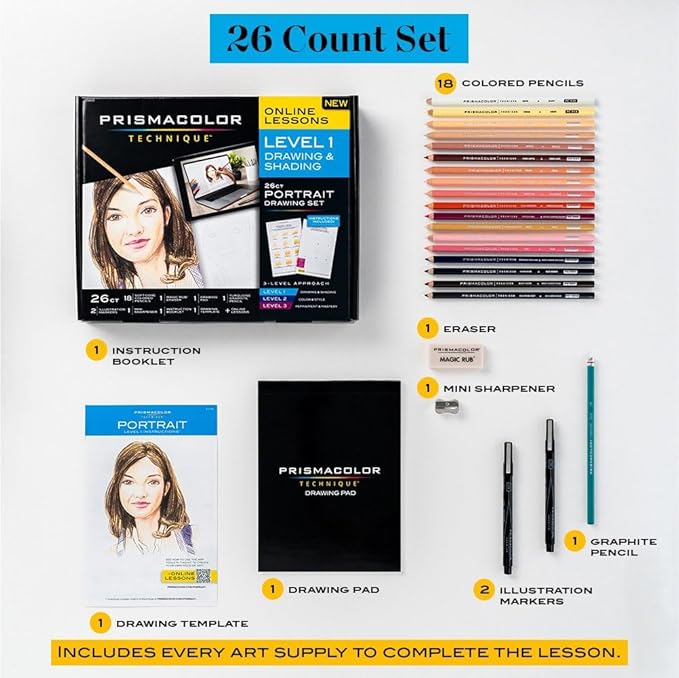 Prismacolor Technique Portrait Drawing Set Level 1 Art Supplies & Digital Art Lessons 26 Count Perfect for Beginner Artists and Professionals