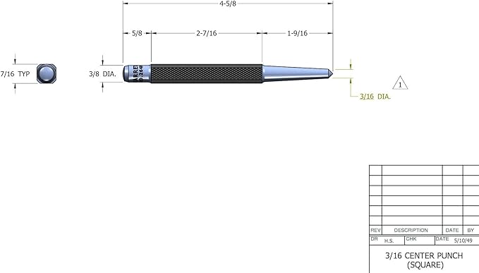 Starrett Steel Center Punch with Square Shank and Knurled Finger Grip - Hardened and Tempered, 4-1/2" Length, 3/16" Diameter Tapered, 7/16" Square Thickness - 264F