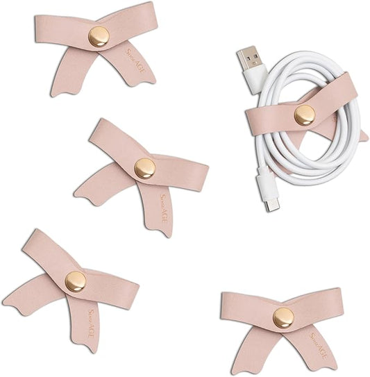 SenseAGE 5 Pack Cord Organizer, Bow Cord Keeper, Cable Organizer USB Holder, Leather Cable Management, Cable Straps, Earphone Winder, Storage Straps for Electronics, Earbuds (Dusty Rose, Big)
