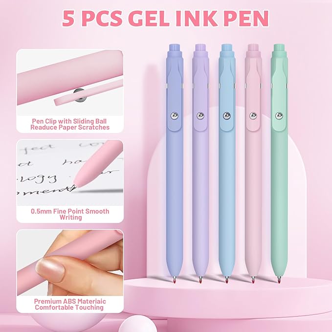 42 Pack Gel Pens for Coloring Books, 5 Gel Pens 0.5mm Black Ink, 12 Vibrant Sparkle Metallic Glitter Pens with 12 extra refills for enduring use, 12 Pastel Highlighters for Man Woman(Pink)