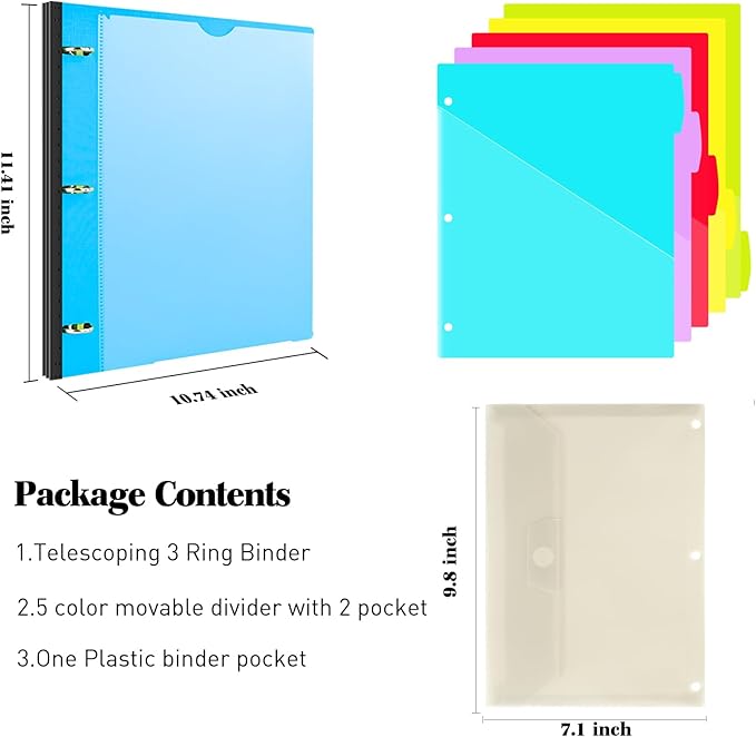 INFUN 1 Inch 3-Ring Telescoping Project Organizer Binder,13 Pocket, Customizable Front Cover, 5 Colors Pocket Divider and Plastic Binder Pocket，225 Sheet Capacity-Blue