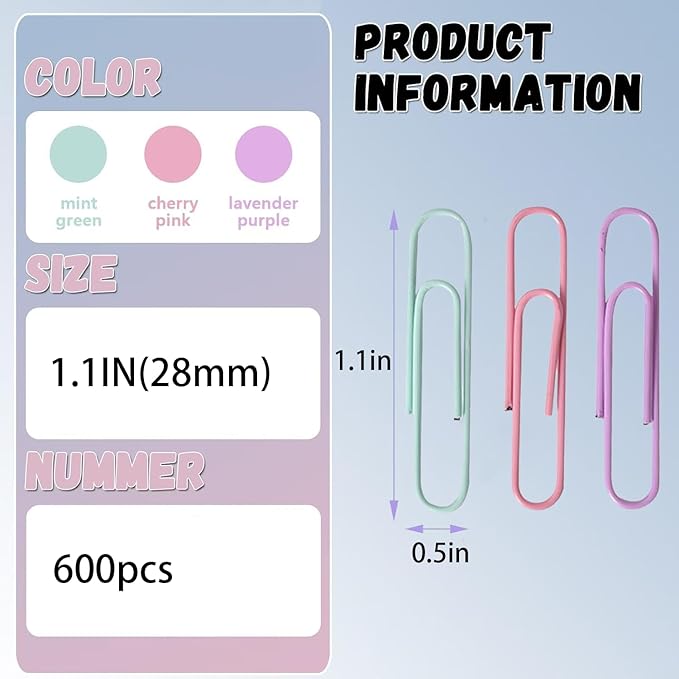 Macaron Colored Paper Clips, 1.1" Medium Paper Clip（28mm, 600pcs Paperclips for Office Supplies and Organization