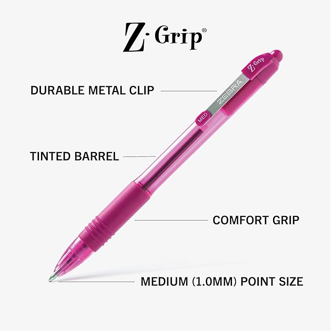 Zebra Pen Z-Grip Retractable Ballpoint Pen, Smooth-Flowing Assorted Fashion Colors, 1.0mm Medium Point, School & Office Supplies, Ideal for Note-Taking, Journal and Planner Use, 24-Pack (12223)