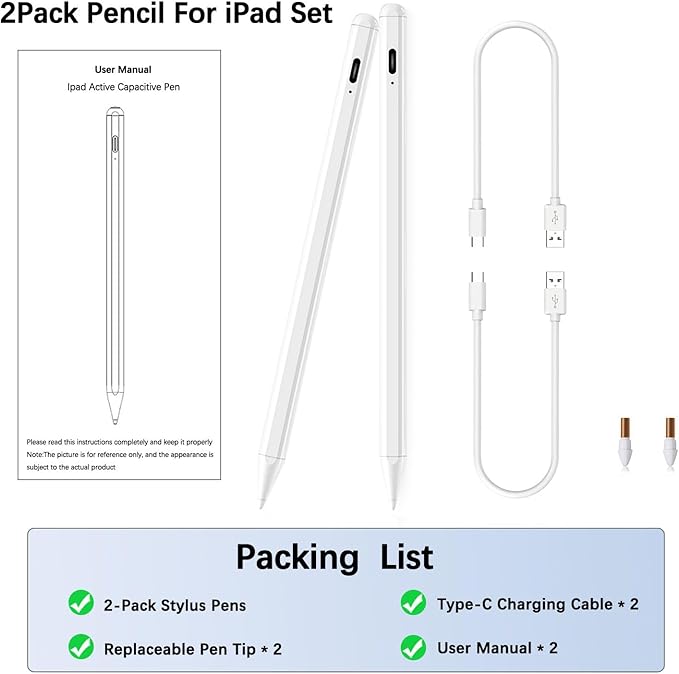 Stylus Pen for iPad Pencil 6th-10th&11th Gen,2Pack Pencil Pro with Palm Rejection iPad Pen for 2018-2025 iPadPro 11/12.9/13in/M4,iPad Air 13/11(M2/M3),iPad Air 3/4/5,iPadMini 7/6/5