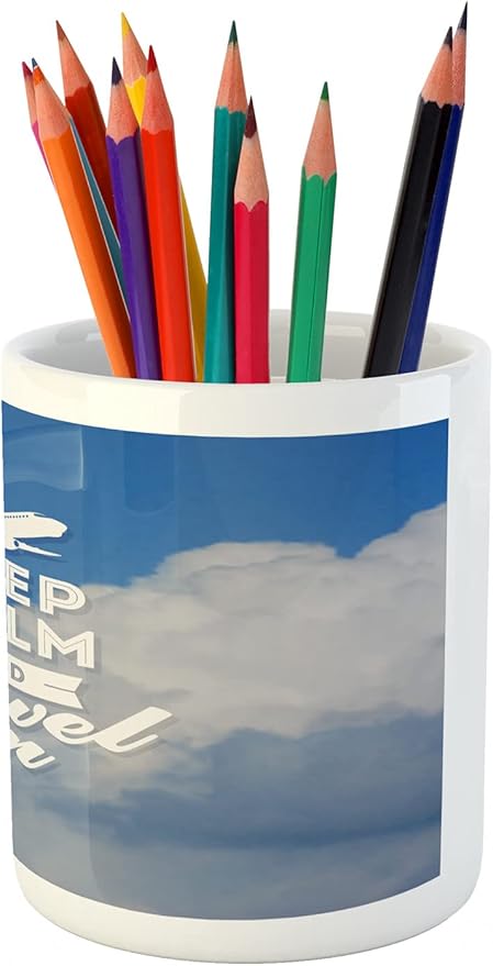 Ambesonne Saying Pencil Pen Holder, AviatiTheme Keep Calm and Trave Message with Plane and Clouds, Ceramic Pencil Pen Holder for Desk Office Accessory, 3.6" X 3.2", Cobalt Blue