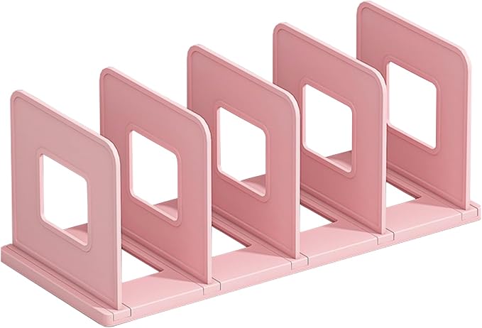 SAYEEC Desk File Sorter Vertical Desktop File Folder Organizer 4 Section Plastic Book Holder Adjustable Shelf Dividers Closet Purse Handbag Mail Binder Organizer Magazine Rack Stand Bookshelf (Pink)