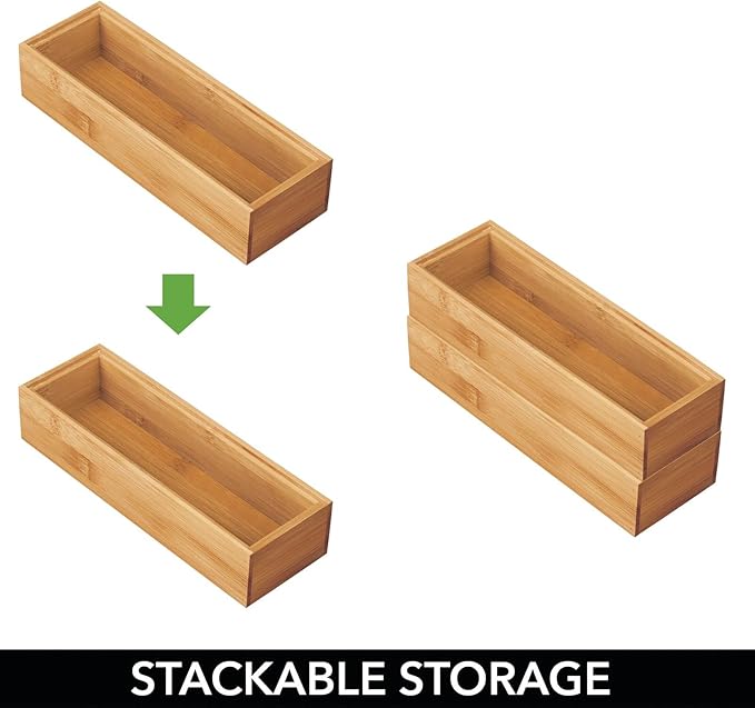 mDesign Wooden Bamboo Office Drawer Organizer Box Tray, Stackable Storage for Drawers, Cabinets, Shelves, Cubby, or Desktop, Hold Pens, Pencils, Supplies, Echo Collection, 2 Pack, Natural Wood Finish