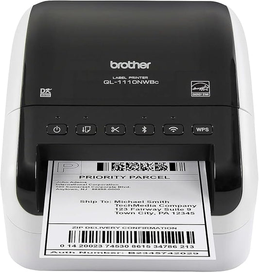 Brother QL-1110NWBC Wide Format, Postage and Barcode Professional Thermal Label Printer with Wireless Connectivity, Black And White, 6.7" x 5.9" x 8.7"