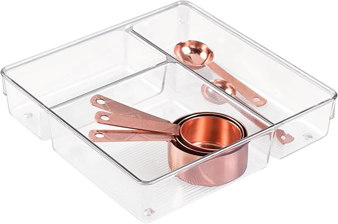 iDesign 3-Section Divided Drawer Organizer for Kitchen, Bathroom, and Desk Drawers - Clear