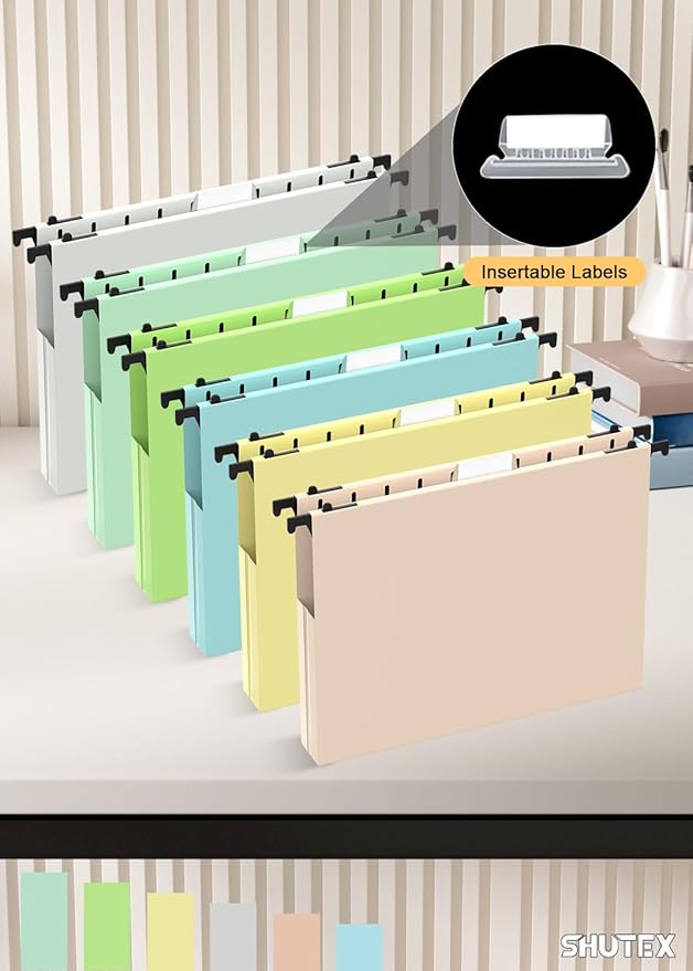 Hanging File Folders Letter Size, 12 Pack File Folders Hanging with Tabs, File Cabinet Hang Folder, 1 Inch Plastic Filing Folders Hanging Expandable File Organizer, Office Supplies, Pastel Folders