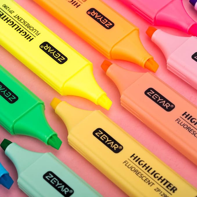 ZEYAR Highlighter, Chisel Tip Marker Pen, AP Certified, Assorted Colors, Water Based, Quick Dry (12 Colors)