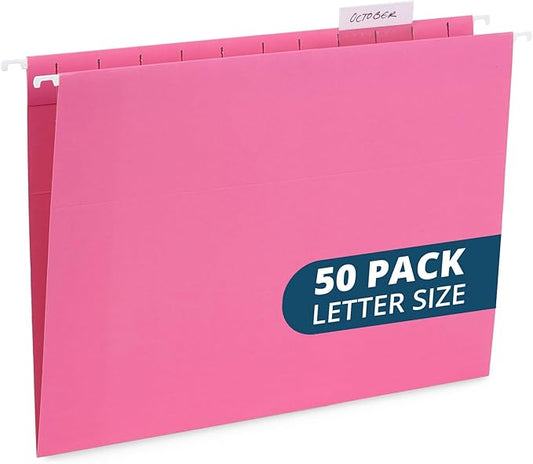 Blue Summit Hanging File Folders, Letter Size, Pink, Great for Organizing and Easy File Storage, 50 Per Box