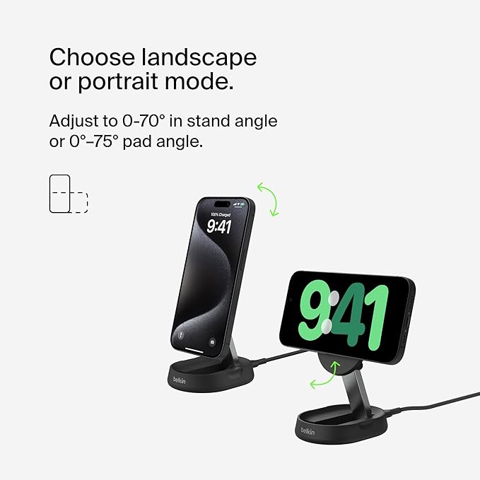 Belkin Convertible Magnetic Charging Stand 15W - MagSafe-Compatible Qi2-Certified Wireless Charging Station, iPhone Charger for Apple iPhone 16 Series, Airpods Pro, & More - Black (No PSU Included)