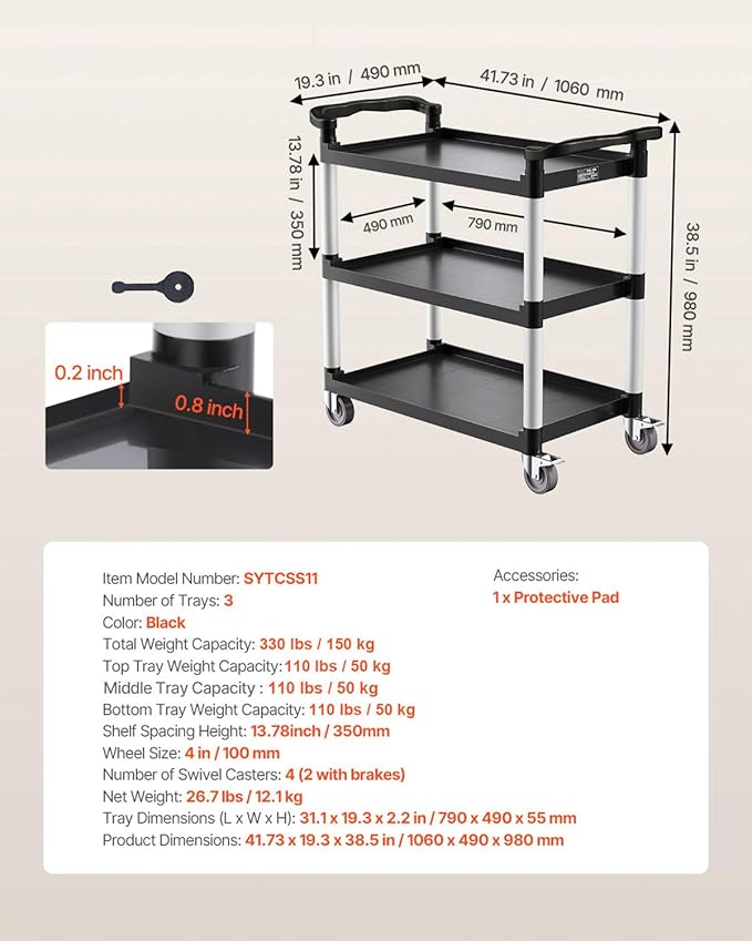 VEVOR Utility Cart, 330 lbs Load Capacity, 3-Tier Utility Plastic Cart with 360° Swivel Wheels (2 with Brakes), 31.1 x 19.3-inch Food Service Cart for Warehouse, Office, Home, Restaurant, Kitchen