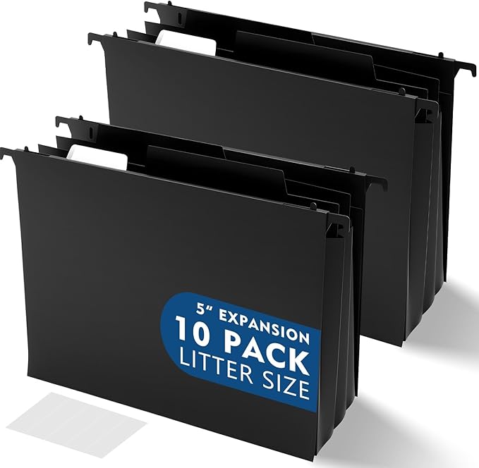 10 Pcs Plastic Extra Capacity Hanging File Folders, 5 Inch Expanding Pocket with Movable Dividers, Letter Size Black File Folders with Insertable Tabs for Filing Cabinet