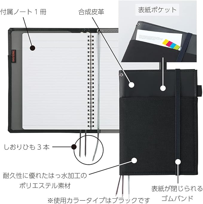 KOKUYO Systemic Synthetic Leather Cover Notebook, with One A5, B 6mm Ruled, 28 Lines, 50 Sheets, Twin Ring Edge Title Notebook, Black, Japan Import (NO-V685B-D)