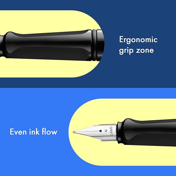 LAMY safari black - Fountain Pen with ergonomic grip & polished steel nib in size F - ideal for any Writing & Calligraphy - including LAMY T 10 blue cartridge - Right-Handed