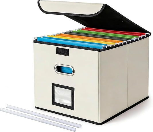 CADONO File Organizer Box with Lid, Collapsible File Folder Organizer with Plastic Slide, Hanging File Folder Box for Office Document Storage